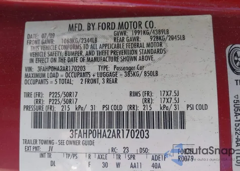 2010 Ford Fusion Se from USA, damaged, VIN 3FAHP0HA2AR170203